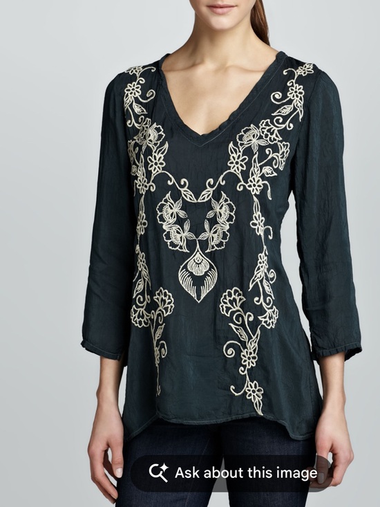 Johnny Was Tops - Johnny Was Boho Embroidered Tunic Blouse Black Cream Size XL